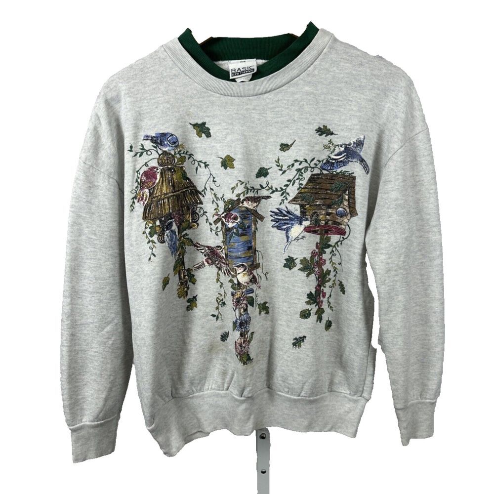 Vintage Birdhouse Sweatshirt Basic‎ Editions Grandma Granny Small Birds USA